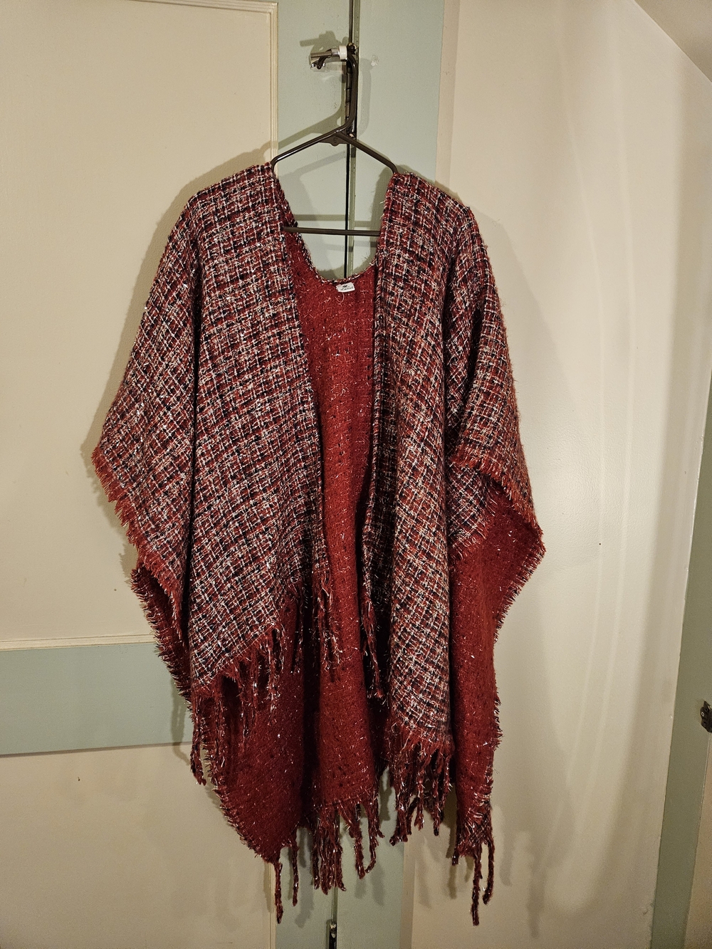 Jessica Red Plaid Fringe Open-Front Capelet
